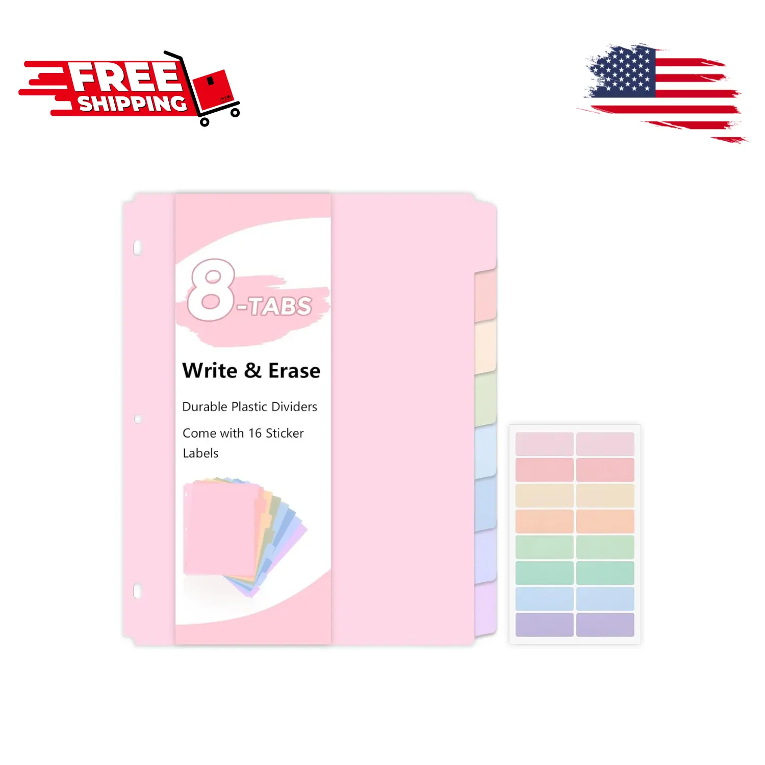 8 Tab Durable Plastic Dividers, Write & Erase, 1 Set, Aesthetic Pastels
