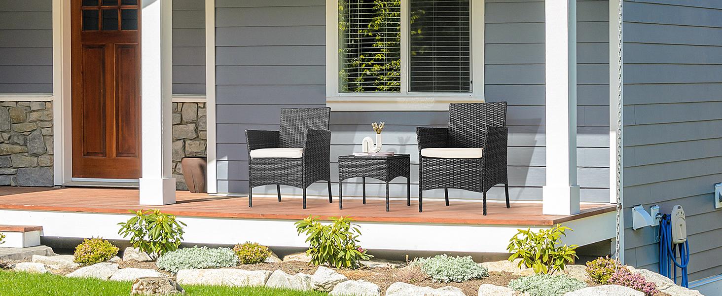 3-Piece Patio Furniture Set, Wicker Outdoor PE Rattan Furniture with Coffee Table & Washable Cushion, Compact Bistro Conversation Seating for Balcony, Garden, Poolside