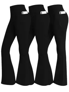 3-Pack Solid High Waist Wide Leg Pants Wide Leg Pants,Women Yoga Legging Flare Leg,With Phone Pockets,Loose Casual Pants,High Stretchy Pant ForWorkout Athletic Running Cycling Yoga Exercize Casual SpringStatements