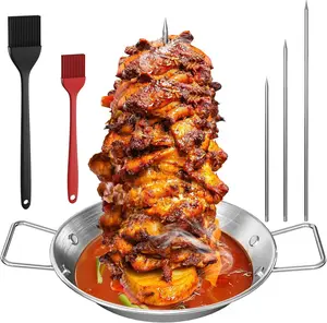 Al Pastor Skewer for Grill, Vertical Shawarma Skewer Stand, Vertical Spit for Oven with 3 Removable Spikes (8'/10"/12') and 2 Brushes, For Tacos Al Pastor, Shawarma Kebabs Smoker Oven BBQ Dishes