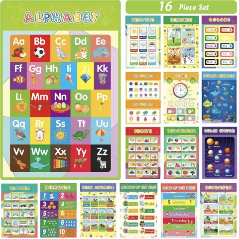 16-Pcs Colorful Toddler Preschool Learning Tool Alphabet Wall Chart Set - Numbers, 2D-3D Shapes, Addition, Colors, Weather, Seasons, Solar System, Farm Animals, Days of the Week - Homeschool Supplies, Classroom Displays, Turns Study Time Into Playtime