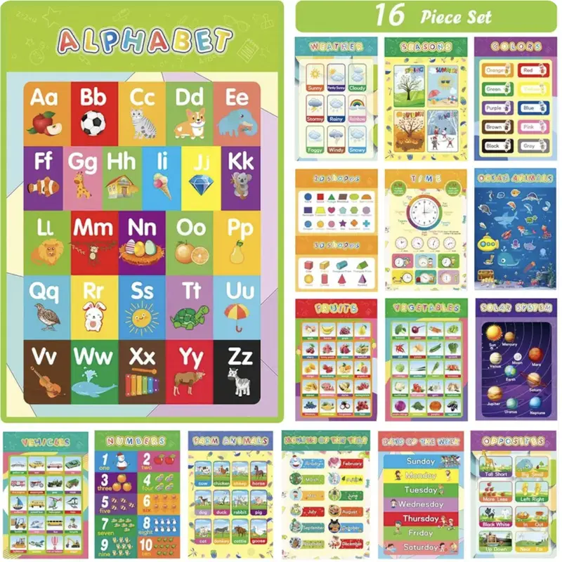 16-Pcs Colorful Toddler Preschool Learning Tool Alphabet Wall Chart Set - Numbers, 2D-3D Shapes, Addition, Colors, Weather, Seasons, Solar System, Farm Animals, Days of the Week - Homeschool Supplies, Classroom Displays, Turns Study Time Into Playtime