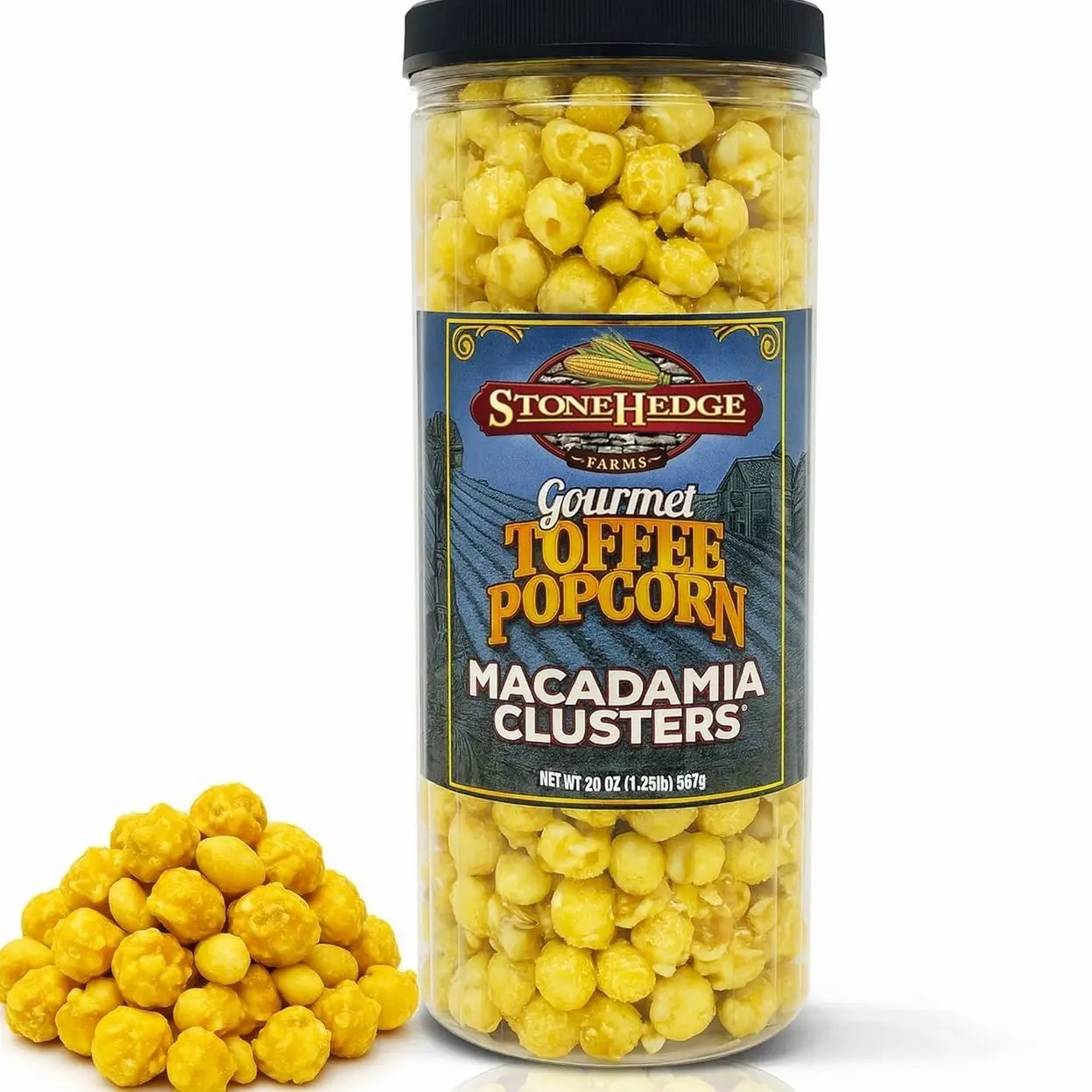 Stonehedge Farms Gourmet Toffee Popcorn Macadamia Clusters | 20 oz Reclosable Container | Mix Of Pop corn, Macadamia Nut and Butter Toffee | Holiday Snack Gift