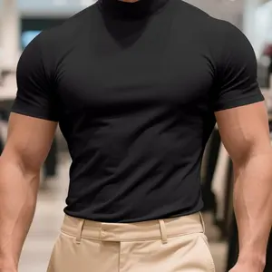 Men's Solid Color Turtleneck Sports Tee, Regular Fit Sporty Short Sleeve T-Shirt for Gym Workout Running, Men's Sport & Outdoor Clothing for All Seasons