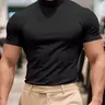 Men's Solid Color Turtleneck Sports Tee, Regular Fit Activewear Athletic Apparel Sporty Short Sleeve T-Shirt Athletic Top for Gym Workout Running, Men's Sport & Outdoor Clothing Workout Tops for All Seasons