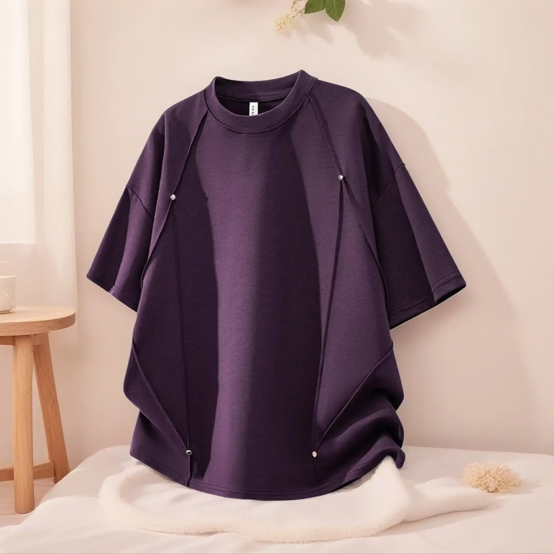 Men's Heavyweight Space Cotton Deconstructed T-Shirt - Crew Neck, Half Sleeves, Loose Silhouette, Niche Studded Patchwork, 3D Cut, High-Street Vibe, Cargo-Inspired Hem, Draped Fit, Spring/Summer Dark Functional Workwear Casual Streetwear, Athletic, Layer
