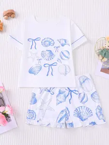 Ocean Shell Bowknot Printed Pajama Set, Fire Retardant Casual Top & Loose Waist Shorts, Cute Short Sleeve Sleepwear, Loungewear, Pjs