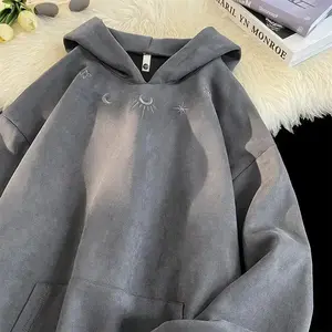 New Suede Sweatshirt Men Retro Street Loose Hoodie Embroidery Pattern Gothic Style Hooded Sweatshirt Autumn Male Sweatshirts Menswear Tops Streetwear Stylish