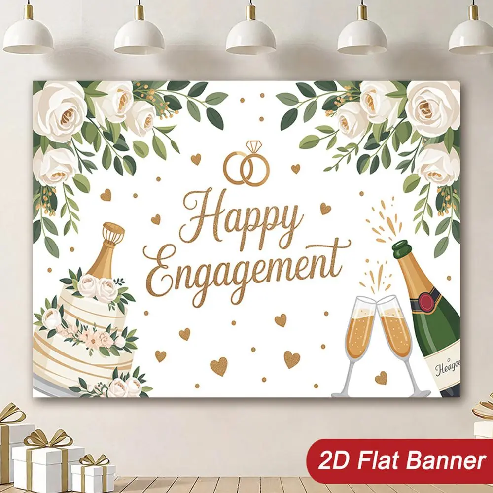 1PC Polyester 2D Flat Banner - High-Detail Printed Champagne Cake, Diamond Ring Themed Decor, Festive Backdrop for Wedding Proposal, Birthday Photo Booth Wall