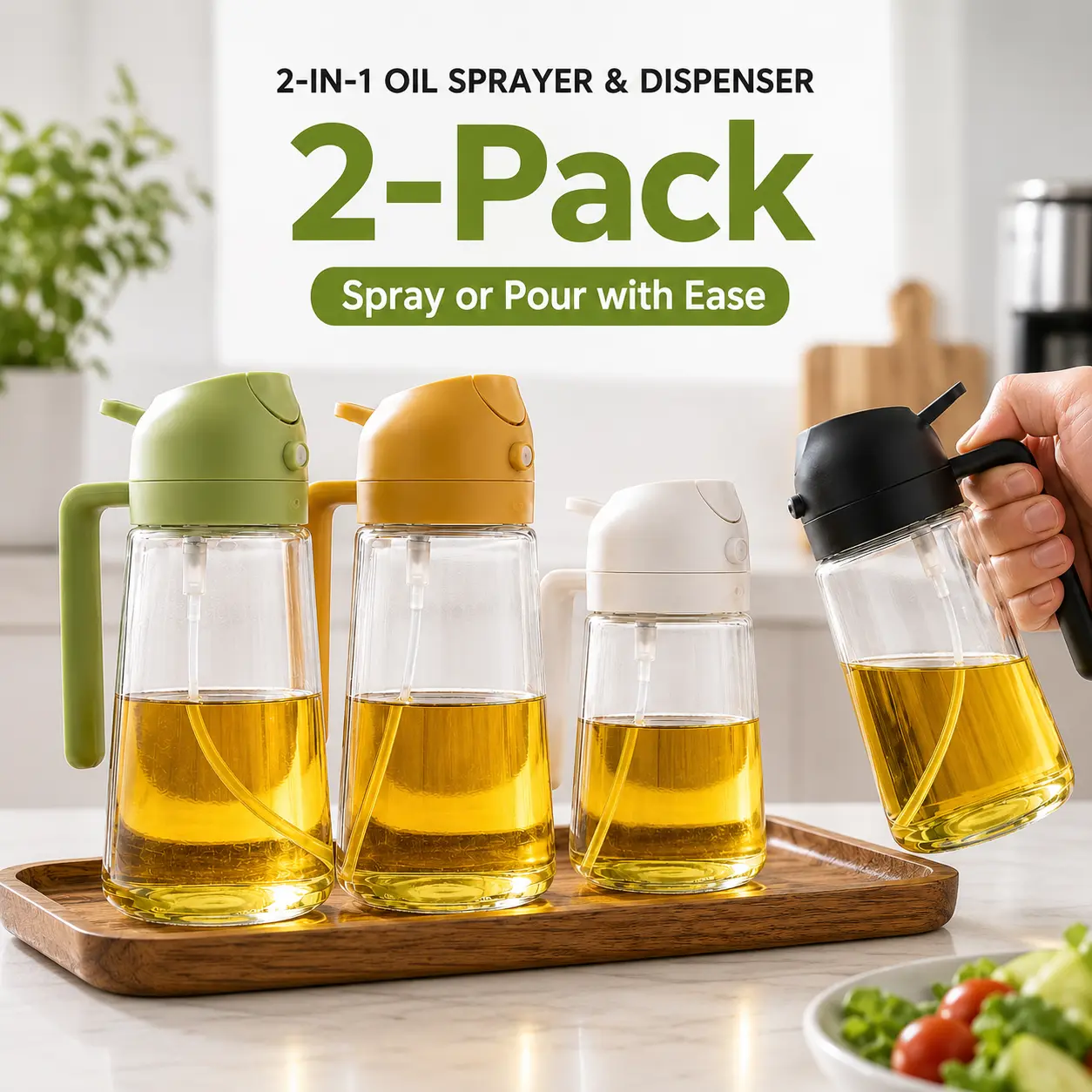 Two Packs 470ml Acrylic Glass 2-in-1 Spray&Pour Food-Grade Storage Bottles & Jars (Buy 1 Get 2 Packs) - Leakproof, Refillable Kitchen Countertop Container with Nozzle, Lid, Handle, Easy Control Switch for Cooking