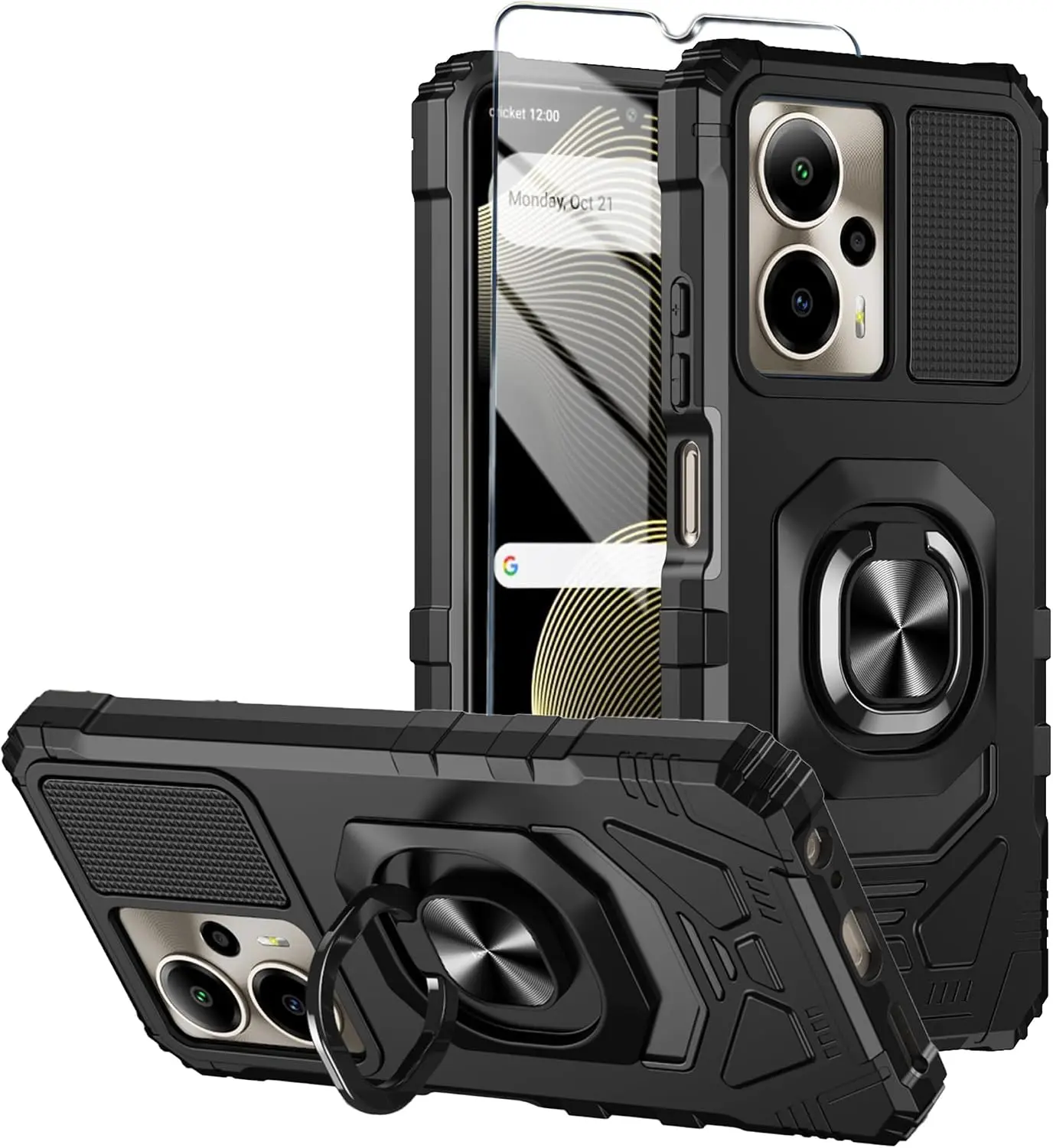 for Cricket Outlast 5G 2024 Phone Case AT&T Motivate Pro 5G Case with Tempered Glass Screen Protector,Military Grade Heavy Duty Shockproof Protective Cover,with Ring Kickstand (Black)