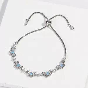 New Real Gold Plated Adjustable Pull Bracelet for Women, Elegant Blue Zircon Bow Jewelry Accessory DZSP2269