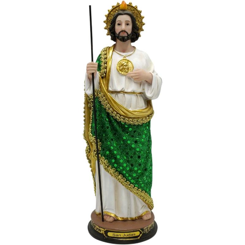 San Judas 8"-24" Inches Tall Vestido Tela- Estatua Detailed Figure with Green Sparkling Robe and Gold Accents brand new in box Religious Decor Standing Statue