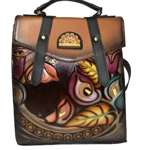 Handmade Mexican Leather Women's Backpack with Decorative Design and Adjustable Straps
