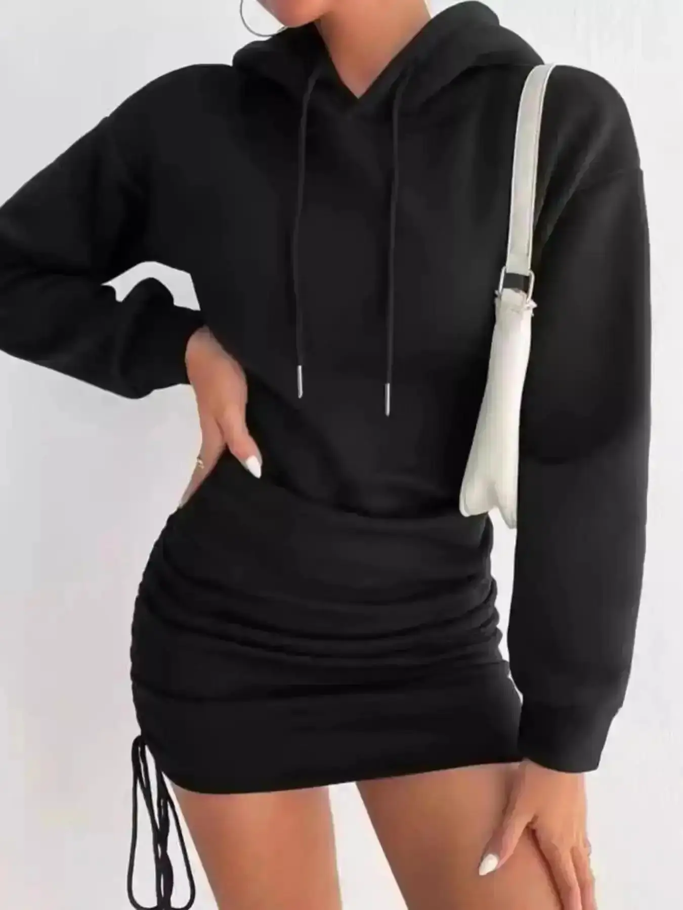 Charming Women's Plain Ruched Drawstring Bodycon Hooded Sweatshirt Dress, Casual Thermal Lined Long Sleeve Short for Fall & Winter, Clothing Daily Wear, Womenswear, Lady, Cozy Style, Warm Layer, Autumn Vibes, Comfy Cozy