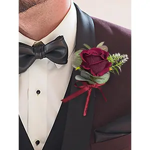Rinlong Burgundy Boutonnieres - 6Pcs Elegant Floral Accessories for Your Collection