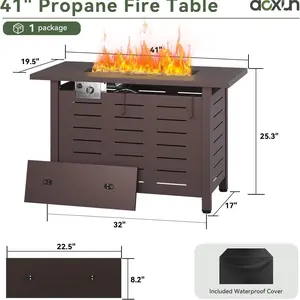 40 " Propane Fire Pit Table , 50,000 BTU Outdoor Gas Fire Table with Waterproof Cover, Rectangular Steel Fire Table with Lid and Lava Rock for Outdoor, Patio, Backyard,Metal Black&Brown