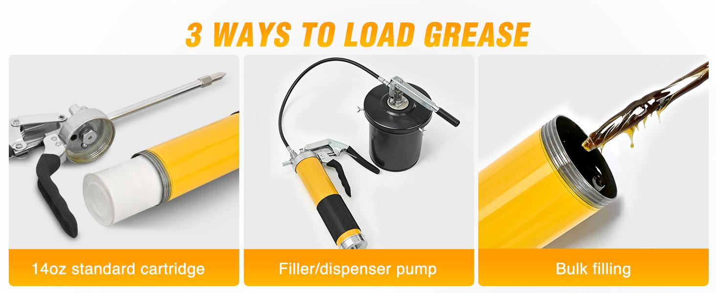 GOOACC Grease Gun 8000 PSI Heavy Duty 14oz Pistol Grip Grease Gun Kit with 18" Spring Flex Hose Sharp Type Nozzle Normal Coupler Rigid Pipe Manual Grease Guns for Greasing Automotive Marine, Yellow