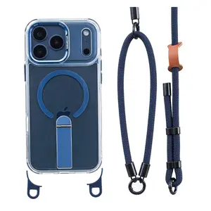 Stand Case for iPhone 17 16 15 14 13 Pro Max with Adjustable Phone Lanyard Strap, Compatible with MagSafe, Shockproof Magnetic Case, Crossbody Neck Strap