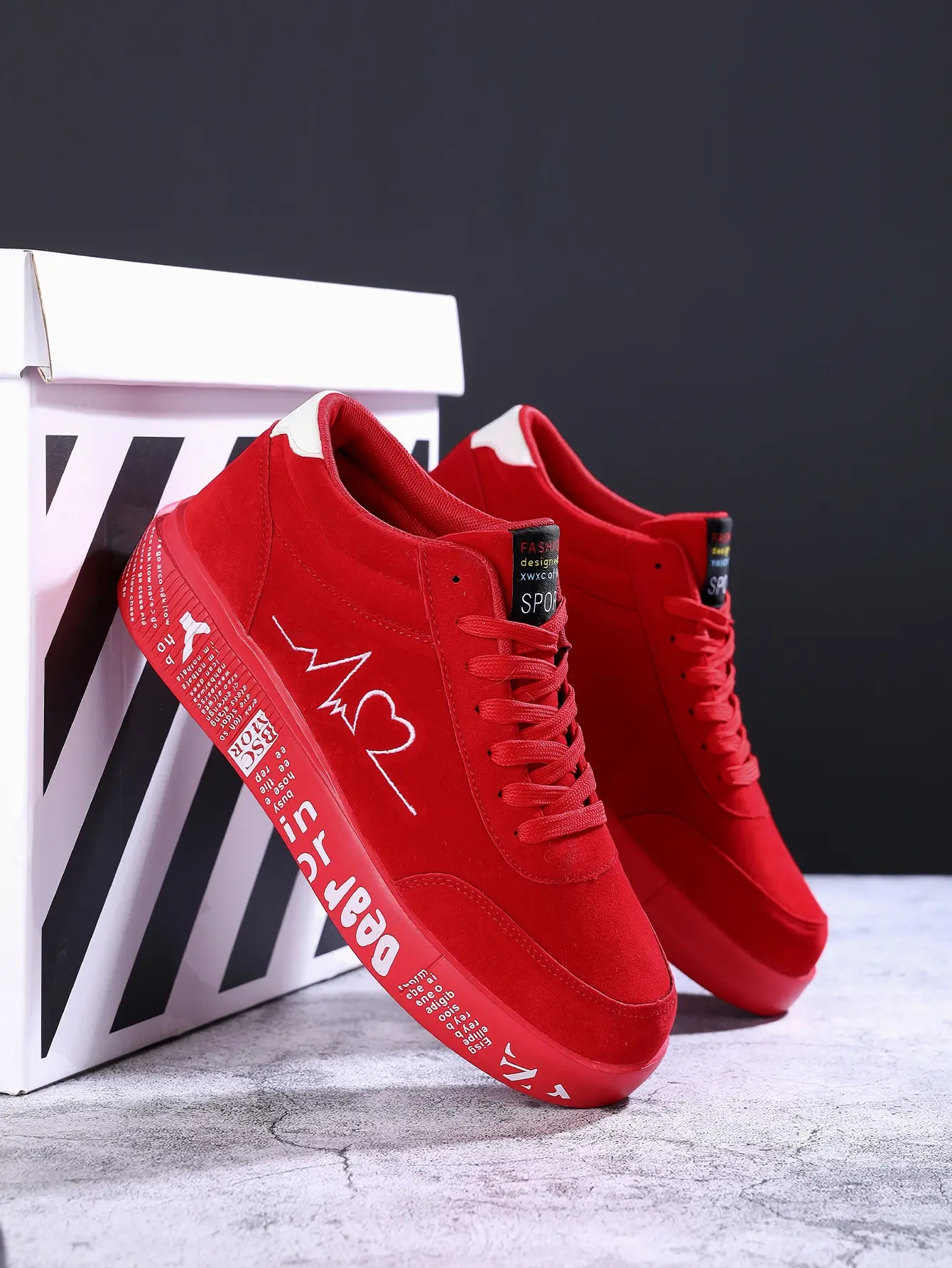 His & Hers Couple Pairs Lace-Up Heartbeat Casual Trainers - Red & Black High-Top Footwear, Heartprint Graphic Shoes, Round Toe, Comfortable Cushioned Insole, Anti-Slip Outsole, Closed Athletic Walking Shoes for Daily Wear & Training, Sports Shoes