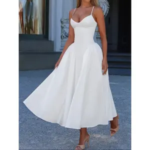 Pure Color Elegant Sleeveless Long Lady Dress, Waist Cinched Design, Fitted Style, Plain Pattern, Perfect For Various Occasions, Formal,summervibes