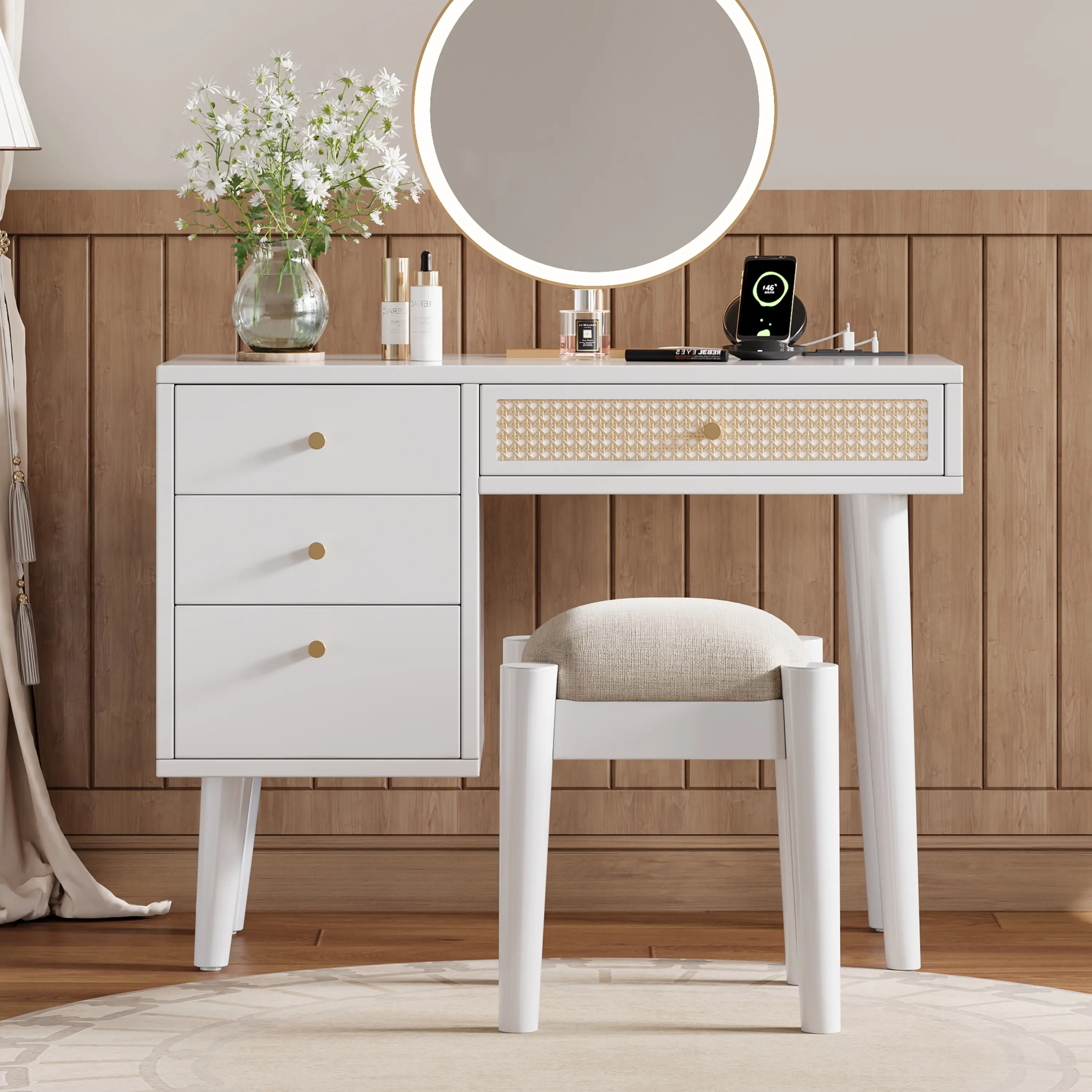Retro Bohemian Style Wooden Makeup Vanity Table Set with Stool, 39" Furniture with 3 Storage Drawers & 1 Rectangular Rattan Drawer, Wooden Construction for Small Spaces