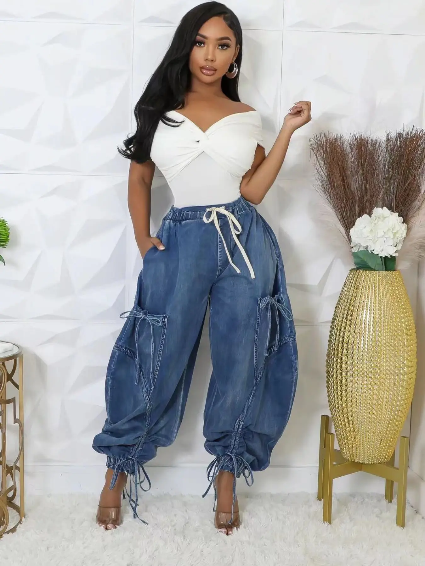 Women's Loose-Fitting Jeans with Pockets, Elastic Drawstring Waist Design Denim Pants, Bowknot Detailing, Casual Style, Streetwear, Womenswear