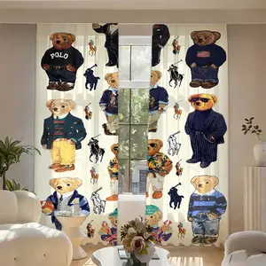 2pcs Polo Bear Print Curtains, Blackout Sunshade Polyester Fabric, Kitchen Bedroom Office Living Room Decor, Door Curtain (rodless), Window Curtain, Easy Install Curtain