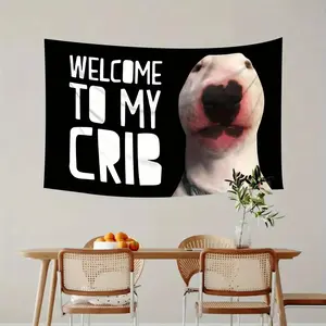 1pc Funny Dog Tapestry - "Welcome to My Crib" Large Wall Hanging with Cartoon Dog Design, Black Background & White Text, Perfect for Bedroom, Living Room, Dorm Decor - Multiple Sizes Available, Pet Lover Gift
