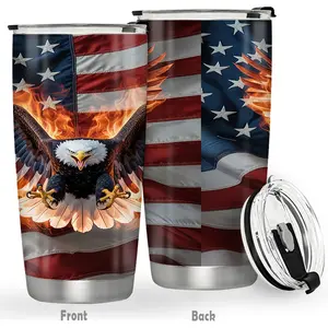 20oz Portable Insulation Stainless Steel Insulated Travel Tumbler with Lid - Burning Bald Eagle, Fire American Flag Patriotic 4th of July Vacuum Flask Kitchenware Drinkware for Men