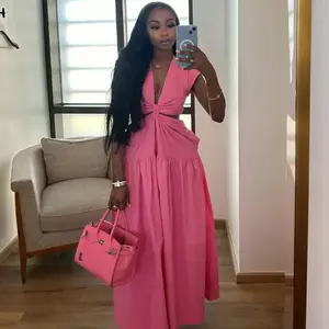 Women’s two-piece summer dress set (2025): short-sleeve maxi dress with tie detail, cutout waist, deep V-neck; sexy club party holiday beach dresses