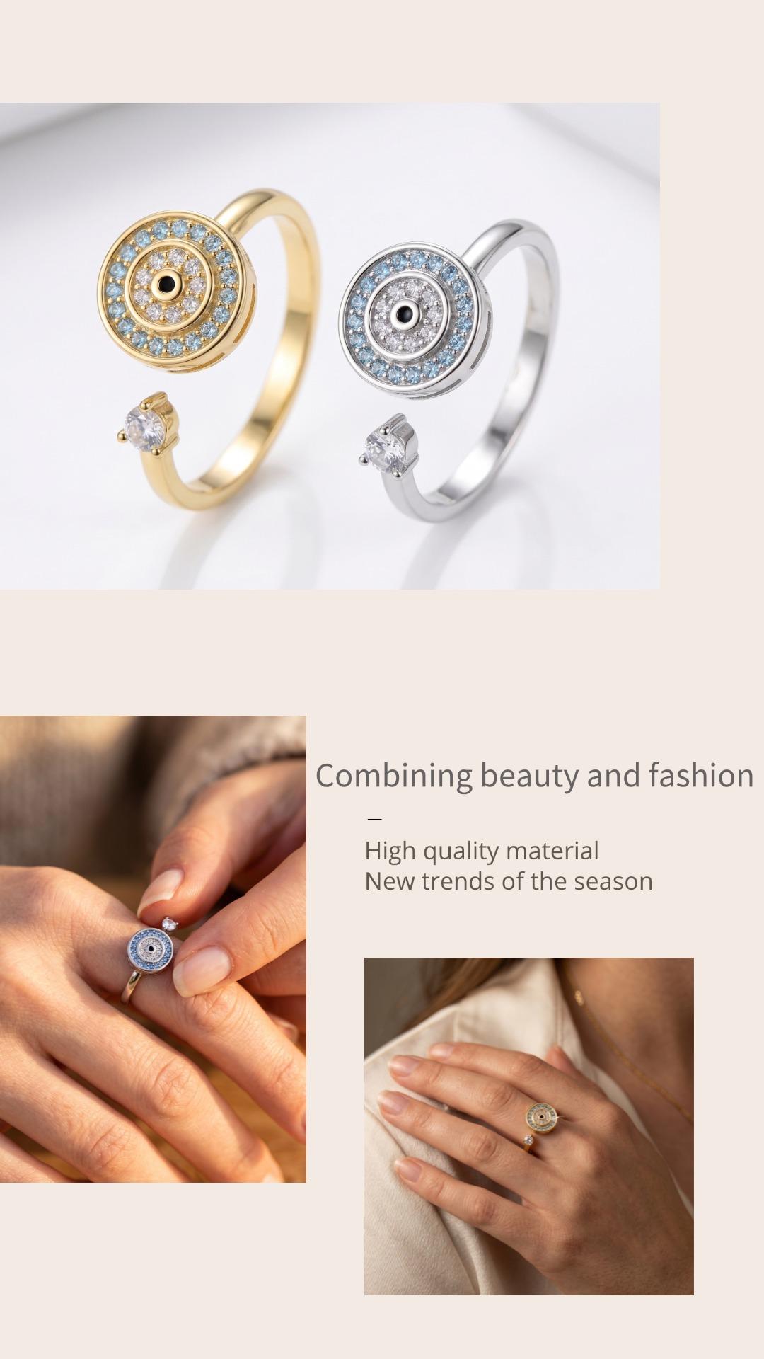 Elegant Gold Ring with Dual Gemstones - Luxurious Jewelry for Women, Adjustable Opening, Mikropavé Setting, Stress-Reducing Design, Evil Eye Symbol, High-End Commercial Style
