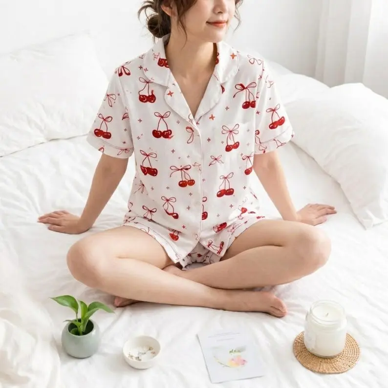 Cherry Pajama Set for Women, Cute Bow Cherry PJs, Pink Satin Sleepwear, Aesthetic Summer Pajamas, Gift for Her, Bridesmaid PJs