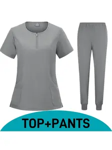 Beauty Salon Scrub Set Neck Zipper Short Sleeve Long Pants Frosted Texture Doctor Nurse Women Work Uniform