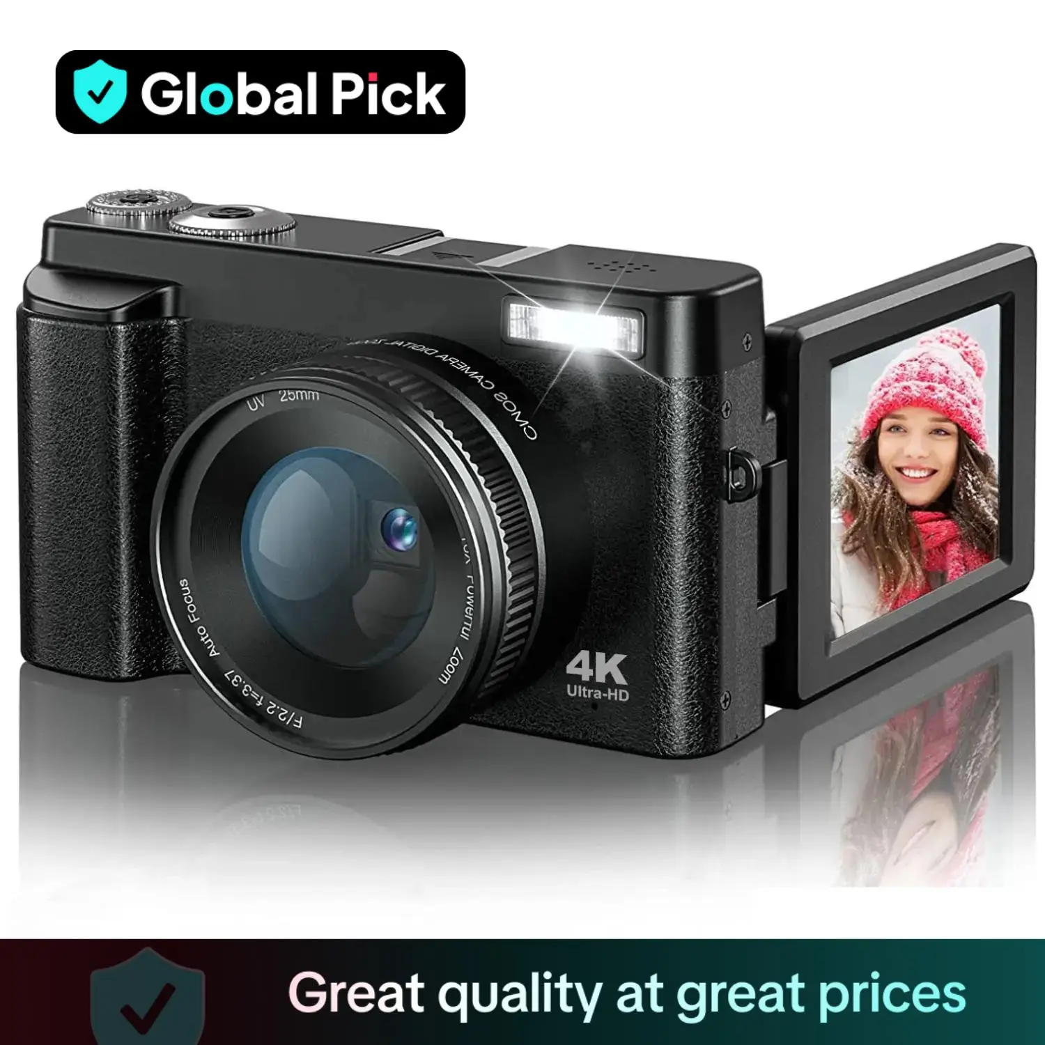 Global Pick 4K Digital Camera, 48MP Video Recording Camera with 16X Digital Zoom & Flash, Compact Camera with 3.0 Inch Flip Screen & 32G SD Card & 2 B