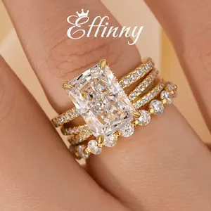 Effinny Jewelry 4.0ct Radiant Cut 3PC Golden Wedding Ring Set, S925 Sterling Silver Women's Ring, 5A Cubic Zirconia Bridal Set Rings for Daily Wear