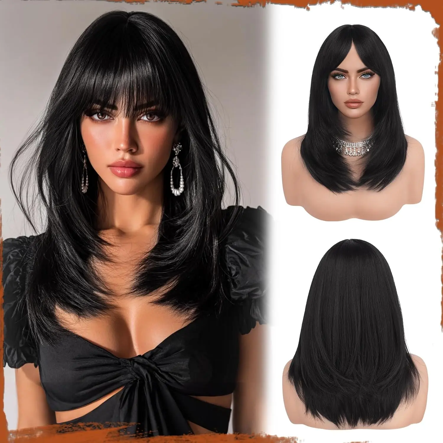 16 Inch Layered Body Wave Synthetic Wig with Bangs Heat Resistant Yaki Fiber Amazon.com : Allbell Body Wave Wig with Bangs Medium Length  main image 4