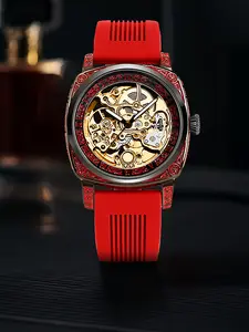 A men's red oil retro trend casual business engraved moon-phase hollowed-out fully automatic mechanical wristwatch