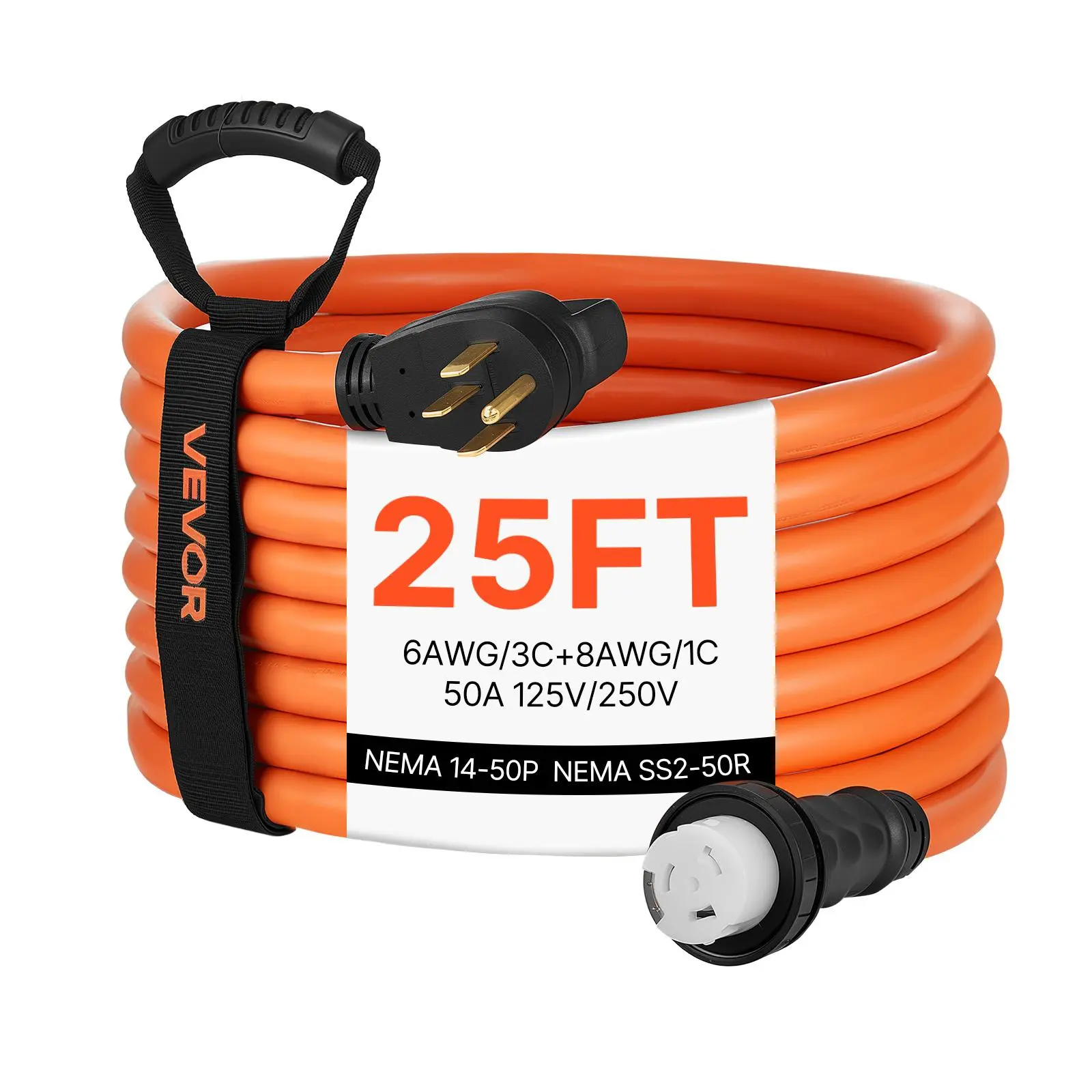 VEVOR 50A Outdoor Generator Cord, 25 Ft 125/250V RV Power Cord, NEMA 14-50P to SS2-50R Twist Lock, Grip Handle, 6AWG/3 + 8AWG/1 Heavy Duty Cable, for RV Camper & Home Use, Orange, Carry Handle, Generator Connector