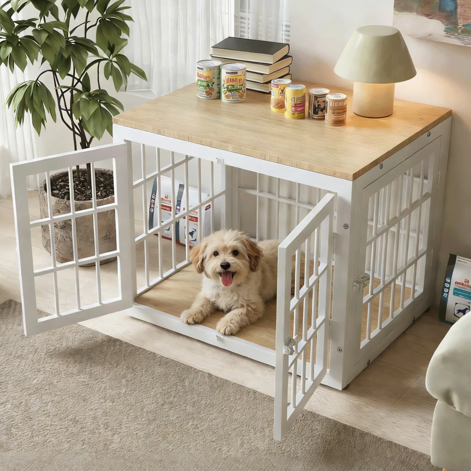 Collared Eagle 26" Heavy-Duty Dog Crate Furniture for Small Dogs, Decorative Pet House End Table, Wooden Cage Kennel Furniture Indoor, White and Natural