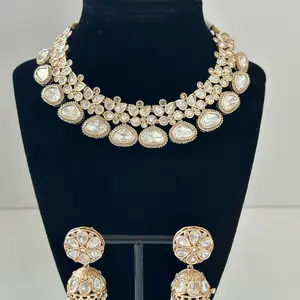 Premium Quality Moissanite Necklace Set with Jhumka - Elegant Gold-Tone Jewelry Set Featuring Sparkling Moissanites