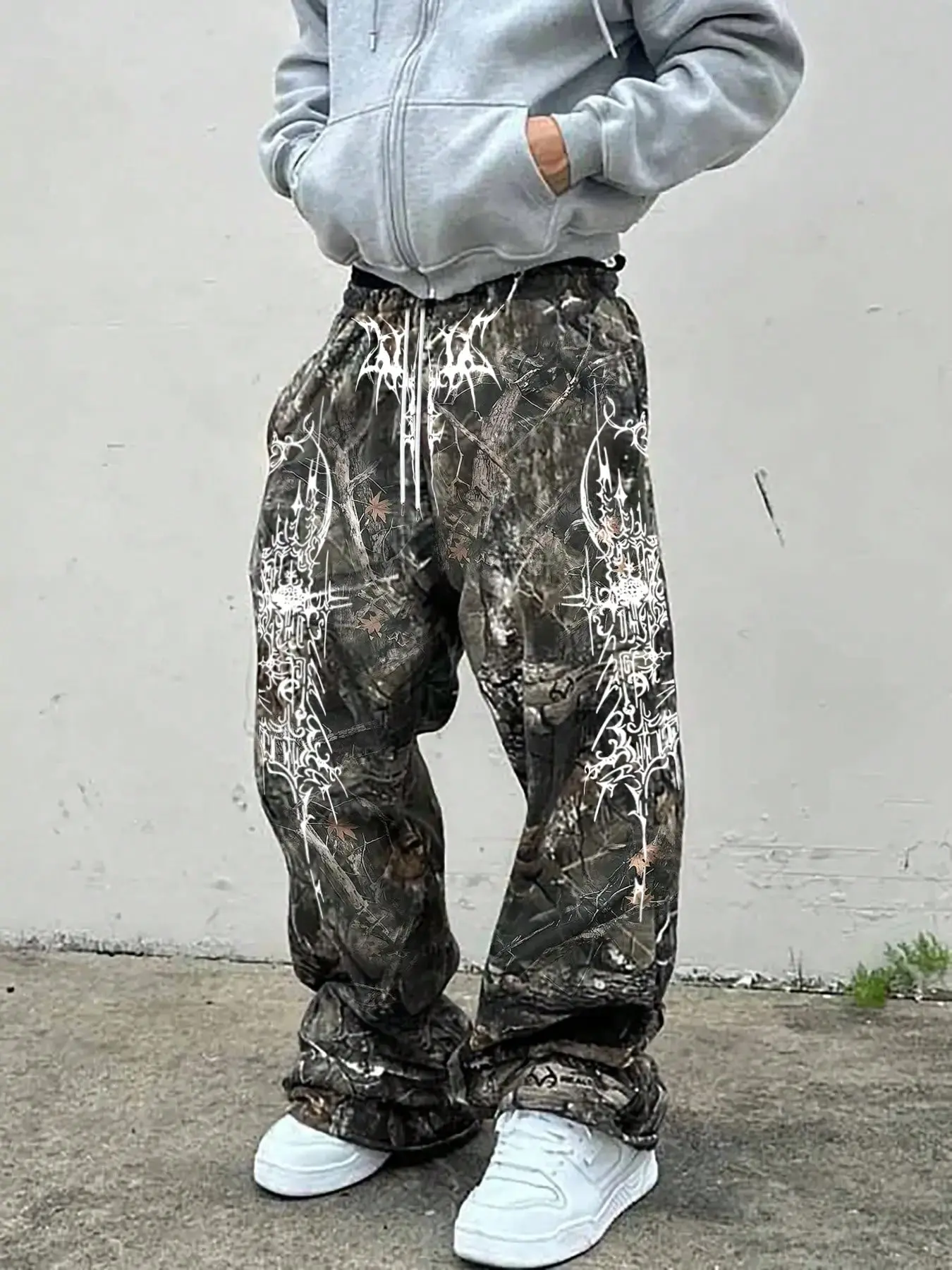Y2K Oversized Knit Camo Cargo Pants, Branches & Camouflage Print, Street Style High Street Fashion Aesthetic, Fall Winter Essential
