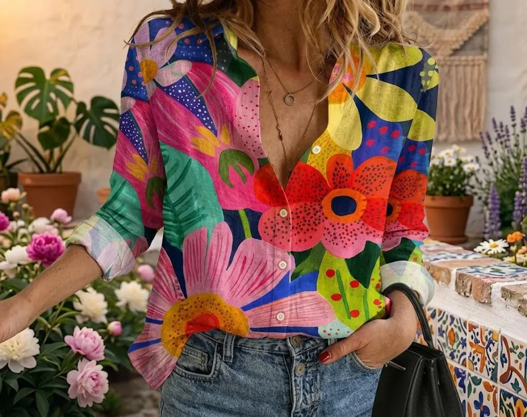 Colorful Abstract Floral Linen Look Blouse, Bright Summer Button Down Shirt, Funky Tropical Vacation Top, Womens Resort Wear