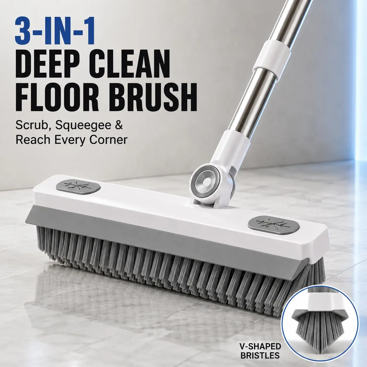 3-in-1 Long Handle Scrub Brush, 360° Rotatable Ergonomic Grip, Sturdy Thick Bristles for Cleaning Debris & Stubborn Stains, Perfect for Bathrooms, Showers, Tiles, Outdoor Decks
