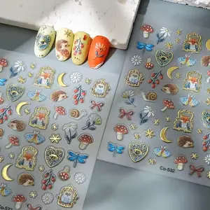 Forest Animals Owl Hedgehog Fox Gold Foil Mushroom Wildflowers Nail Art Stickers, 3D 5D Embossed Nail Decals, Beauty Accessories