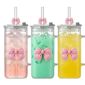 13Oz Square Glass Cups with Lids and Straws,Heat Resistant Glass Tumbler with Handle Bow Knot Transparent Drinking Glasses for Water,Juice,Iced Coffee,Milk,Tea (pink)