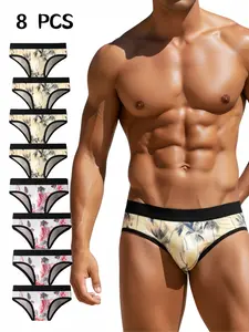 Trendy Men's 2 Color 8 Piece Triangle Brief Underwear Set, Unique Print Design, Comfortable Lightweight Sexy, Casual Fitted, All Seasons