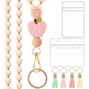 Teacher Gifts Lanyard with ID Holder Cute Wooden Beaded Lanyards for ID Card Badges Holder Boho Tassel Key Ring for Women