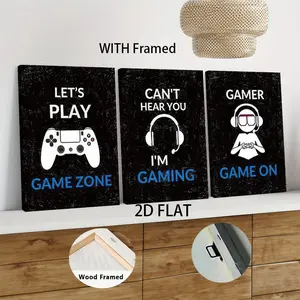 3pcs Framed  Modern Simple Game Theme Decorative Painting with Solid Wood Frame Canvas Wall Art for Living Room Bedroom Study Gaming Room Gamepad Pattern Wall Decor Home Decoration Mural 2D Flat hom