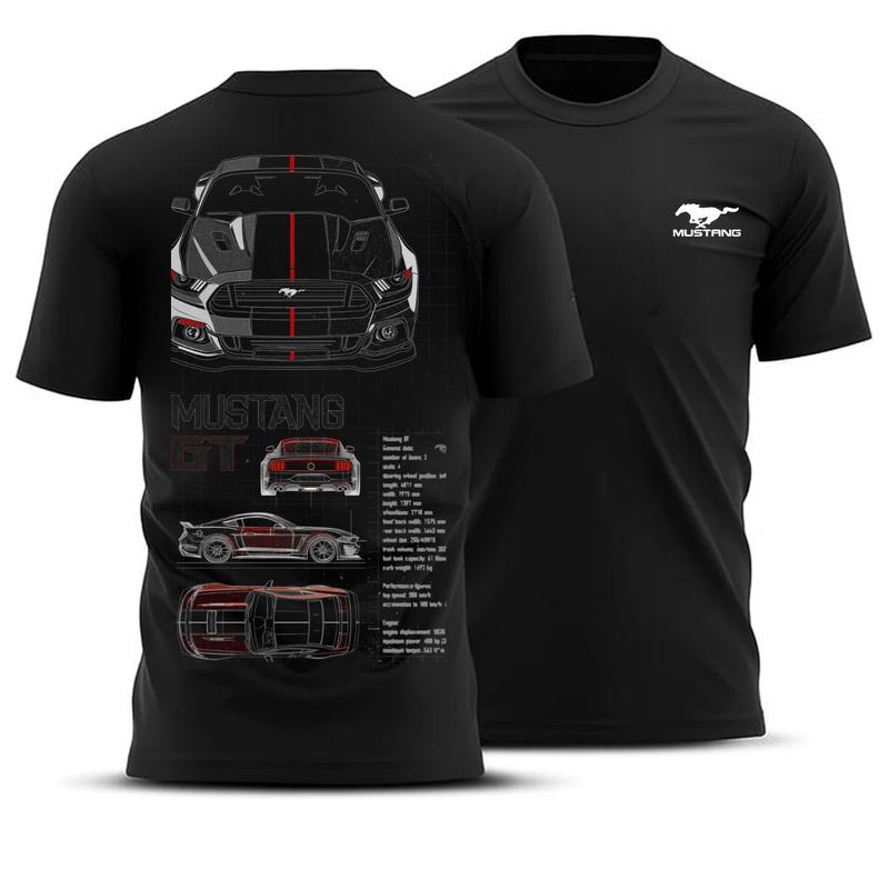 Mustang GT Racing T-Shirt with 2 Sides Graphic, Detailed Blueprint Car Design with Front View, Rear View, and Top View Illustrations, Soft Cotton Blend Shirt, Streetwear Apparel for Car Enthusiasts, Gift for Men and Women Who Love Speed and Power